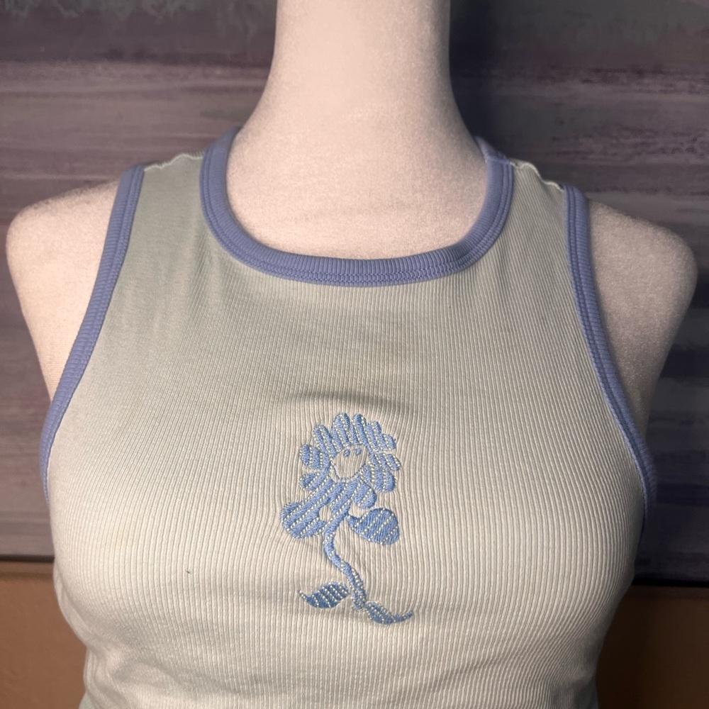 Pastel Blue Floral Embroidered Women's Tank Top